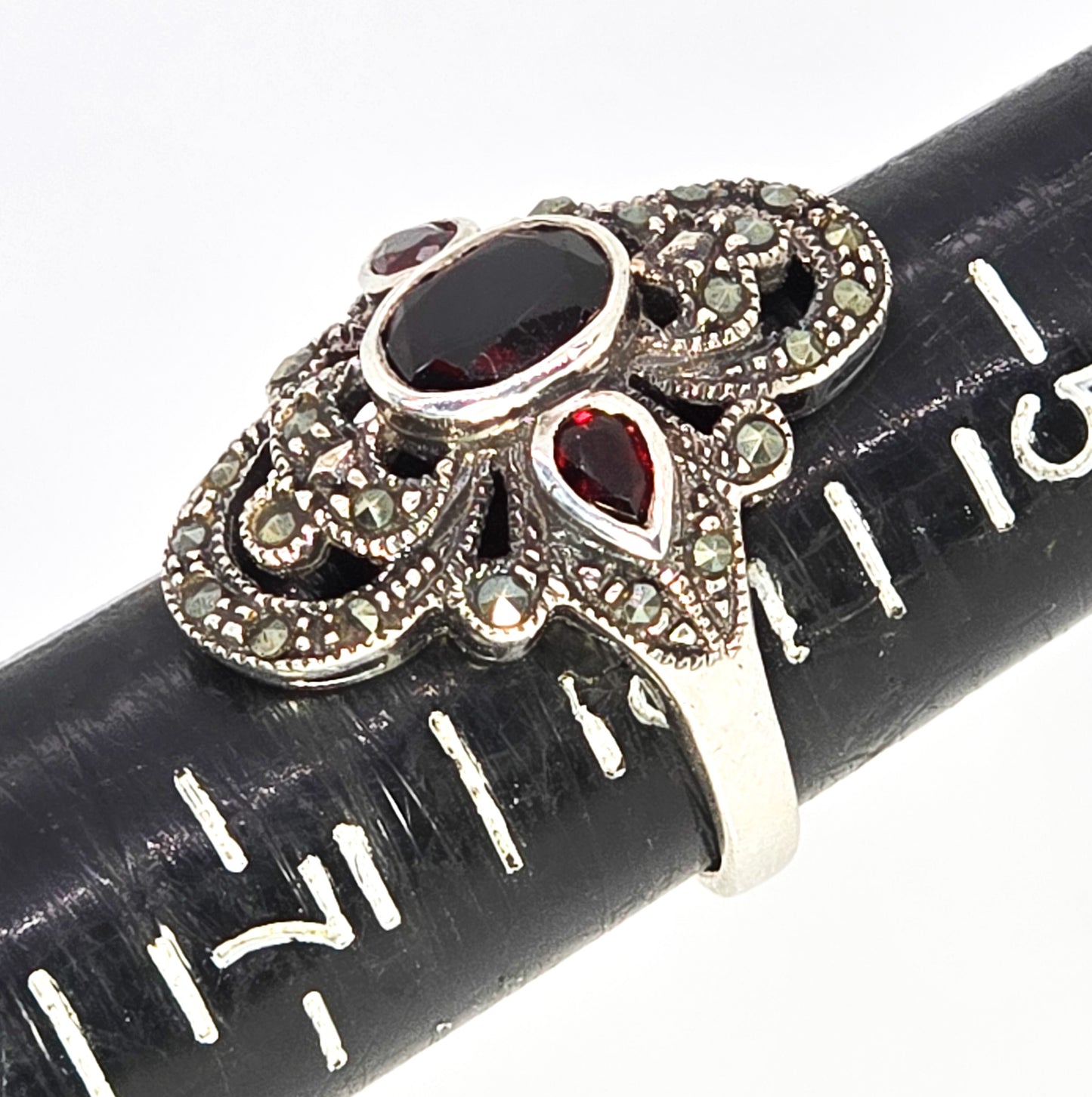 Red Garnet and Marcasite Art Deco style sterling silver open work ring size 6