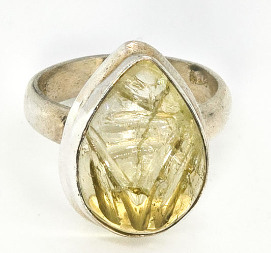 Carved Citrine pear cut sterling silver gemstone ring size 8 and 1/2