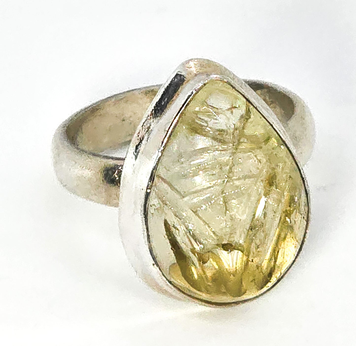 Carved Citrine pear cut sterling silver gemstone ring size 8 and 1/2