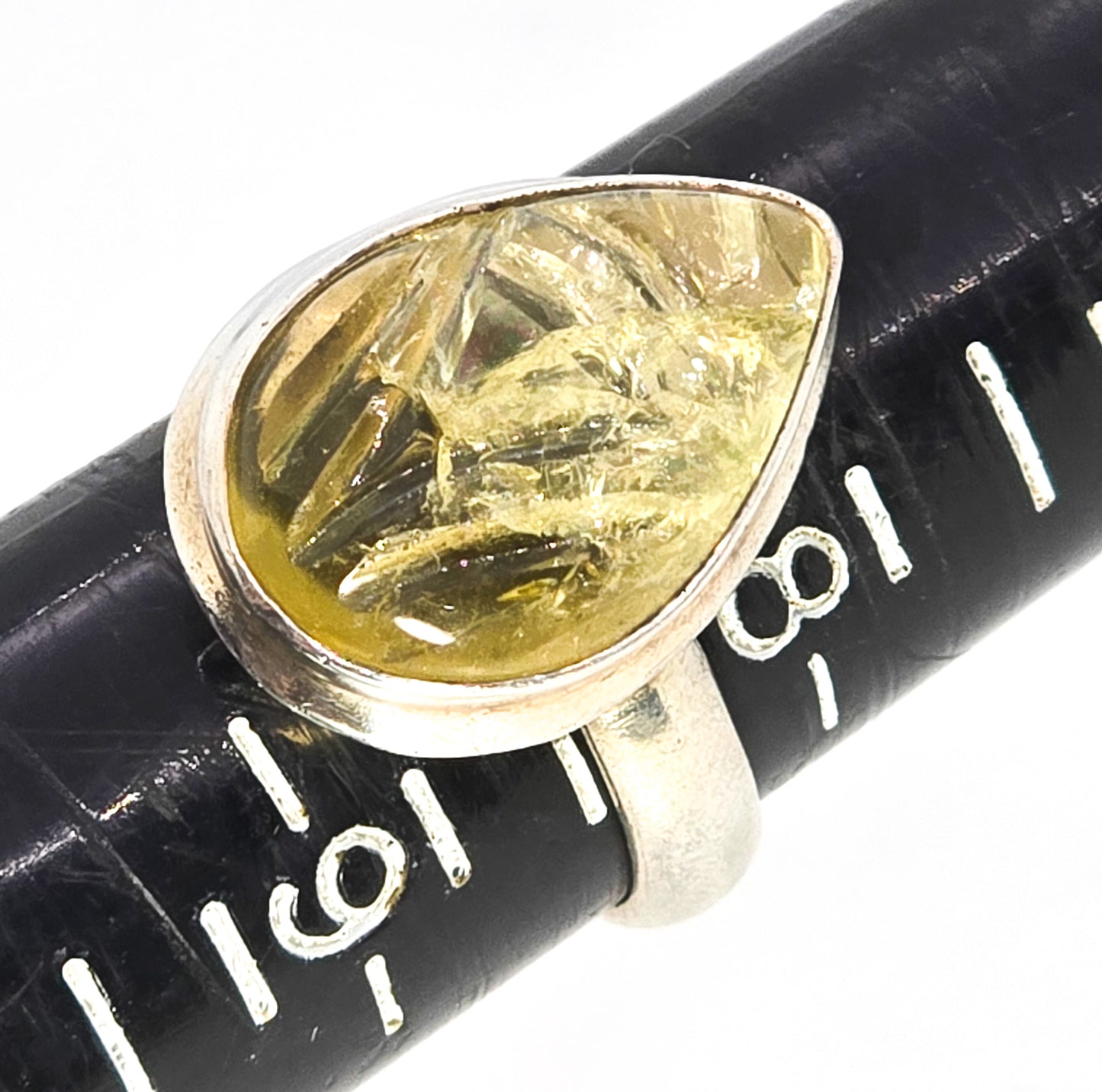 Carved Citrine pear cut sterling silver gemstone ring size 8 and 1/2