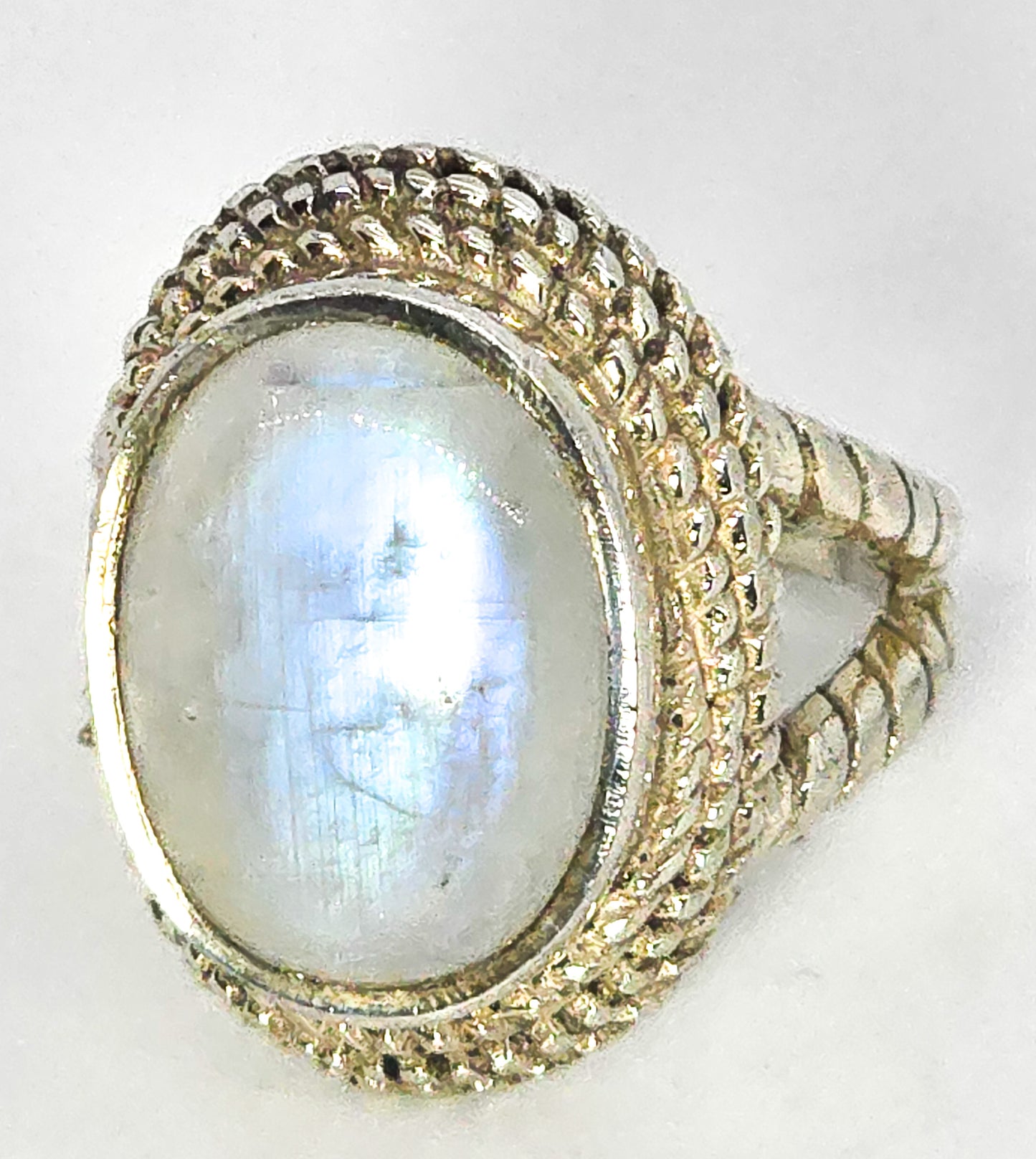 YS Rainbow Blue Moonstone India large sterling silver statement ring size 7