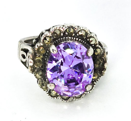 MD Purple paste marcasite vintage sterling silver statement ring size 7