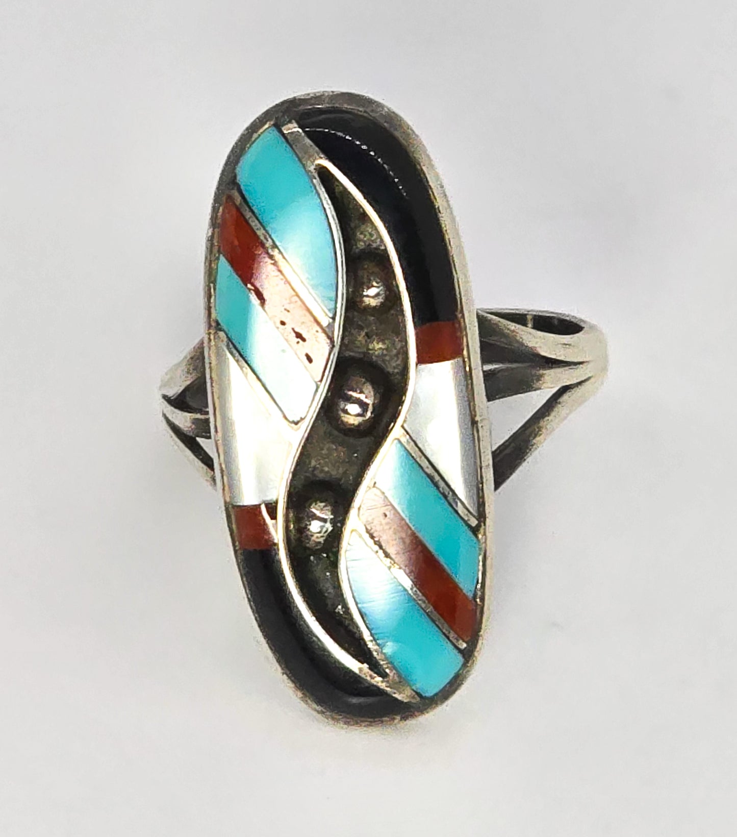 Zuni M shadow box Turquoise gemstone inlay vintage Sterling Silver ring size 7.5