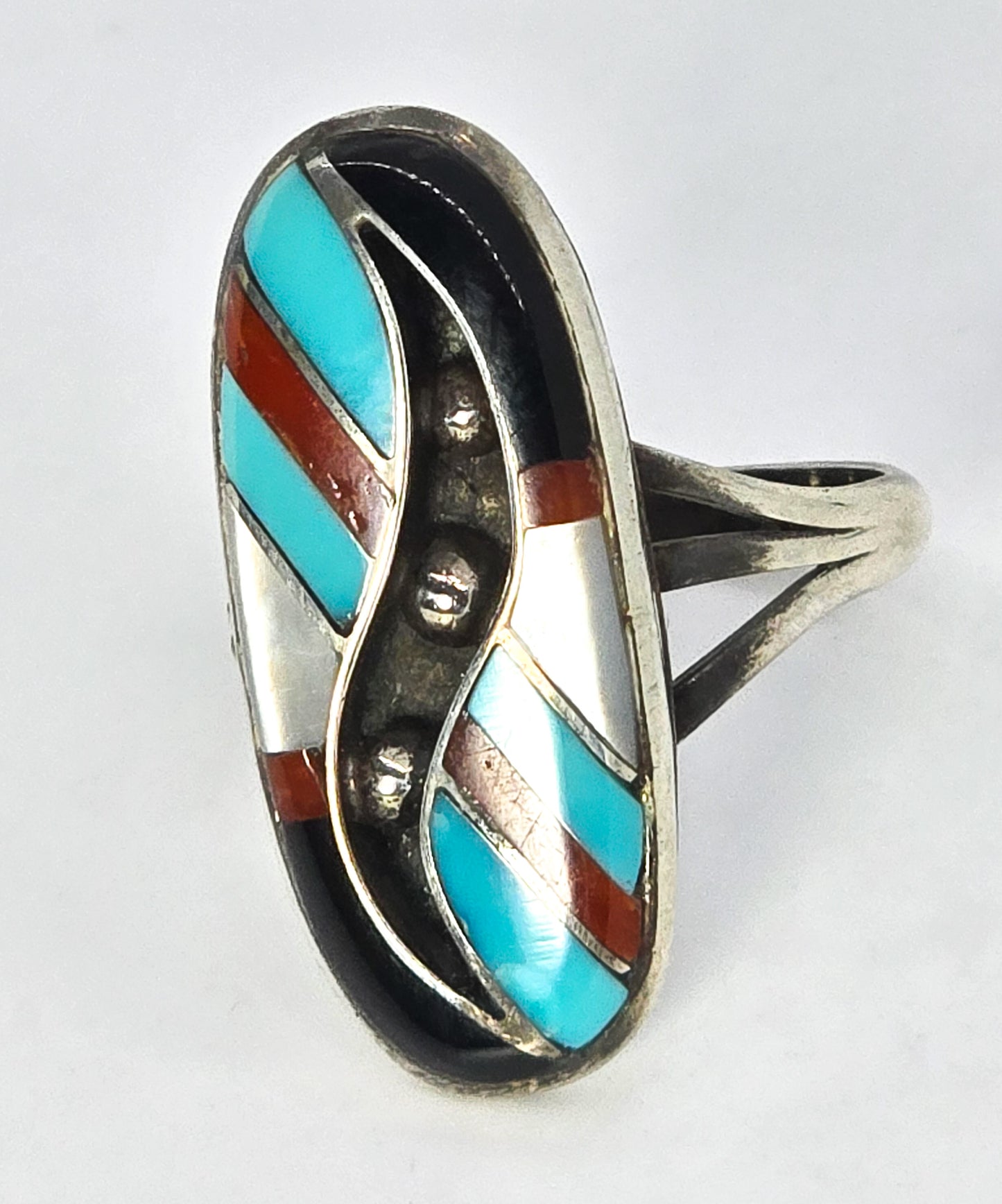 Zuni M shadow box Turquoise gemstone inlay vintage Sterling Silver ring size 7.5