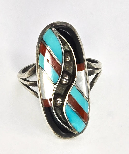 Zuni M shadow box Turquoise gemstone inlay vintage Sterling Silver ring size 7.5