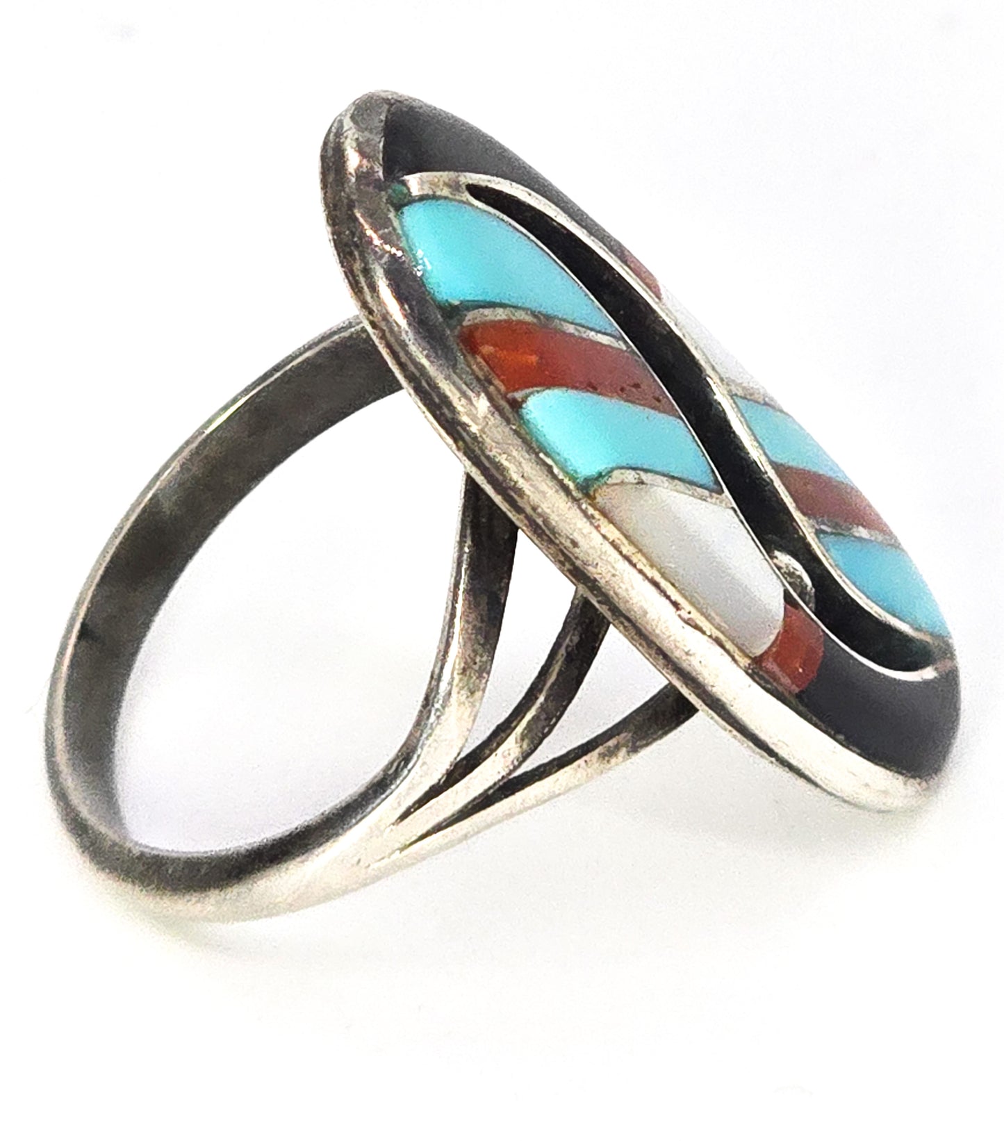 Zuni M shadow box Turquoise gemstone inlay vintage Sterling Silver ring size 7.5