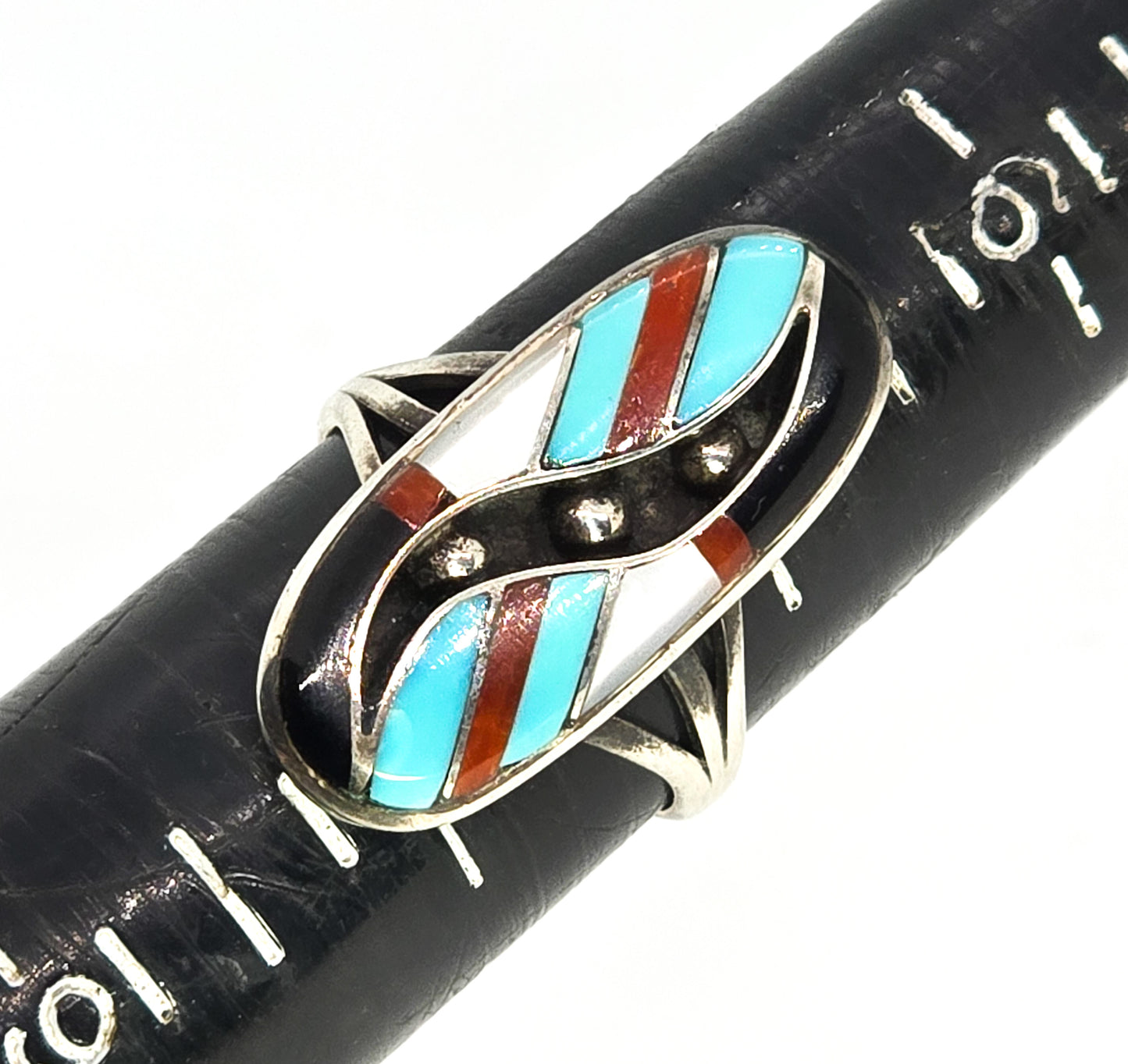 Zuni M shadow box Turquoise gemstone inlay vintage Sterling Silver ring size 7.5