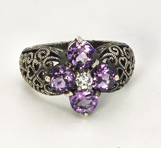 Vintage brand Amethyst and white topaz Art Deco style filigree sterling silver ring size 6.5