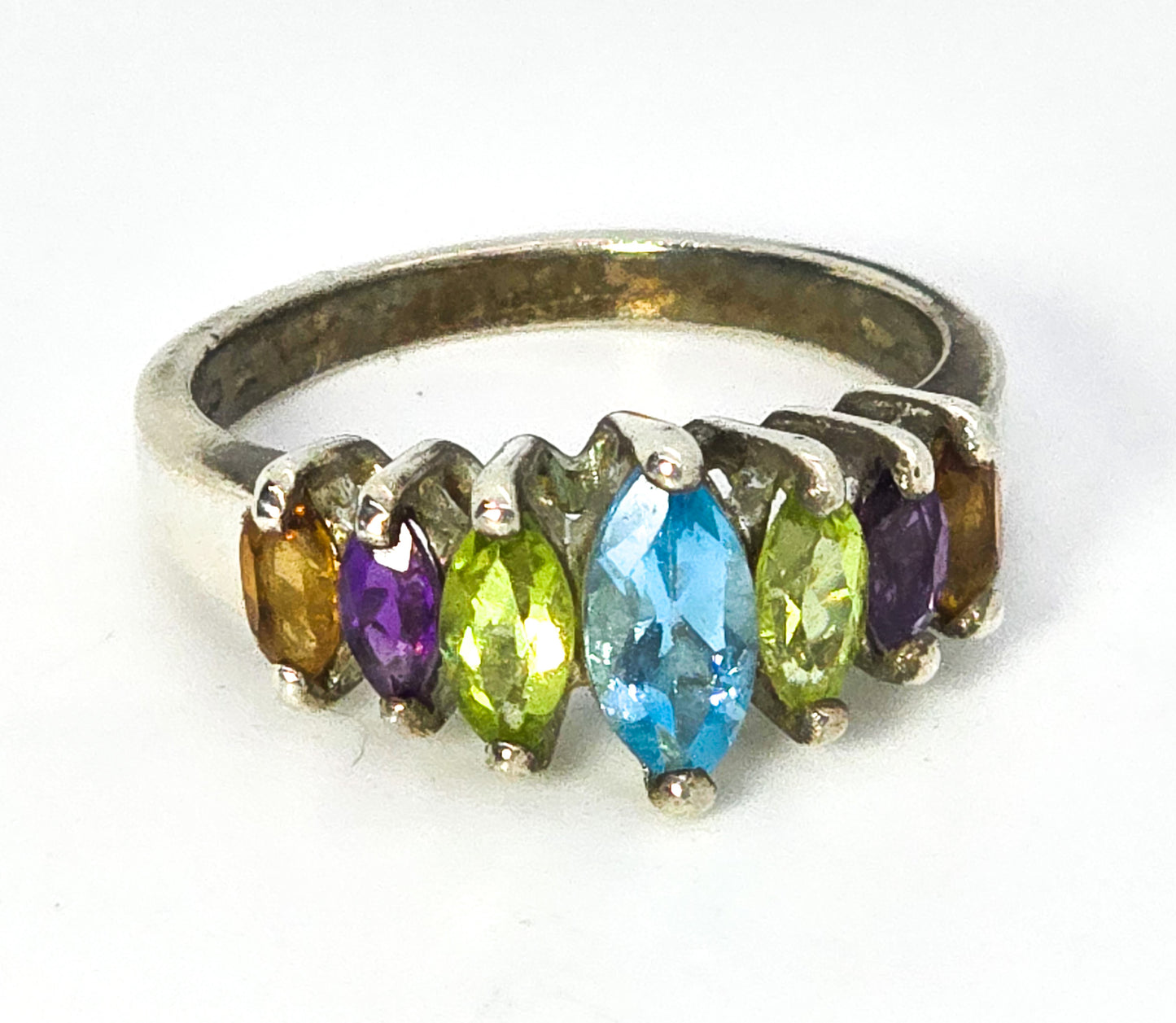 Marquis Rainbow Sterling Silver Blue Topaz Peridot Amethyst and Citrine Ring size 7