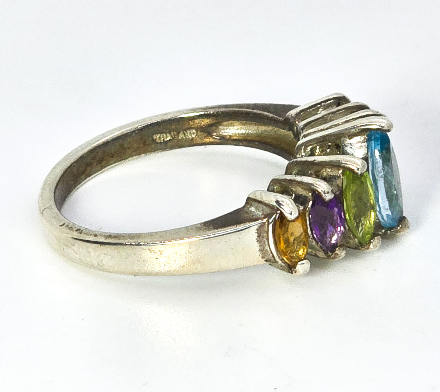 Marquis Rainbow Sterling Silver Blue Topaz Peridot Amethyst and Citrine Ring size 7