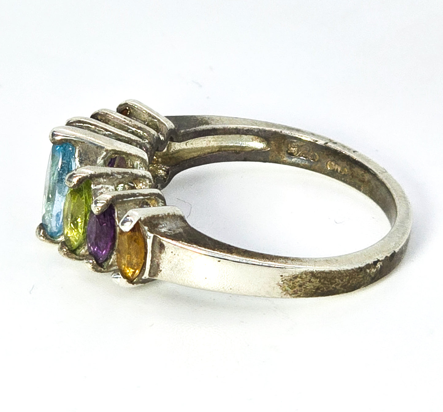 Marquis Rainbow Sterling Silver Blue Topaz Peridot Amethyst and Citrine Ring size 7