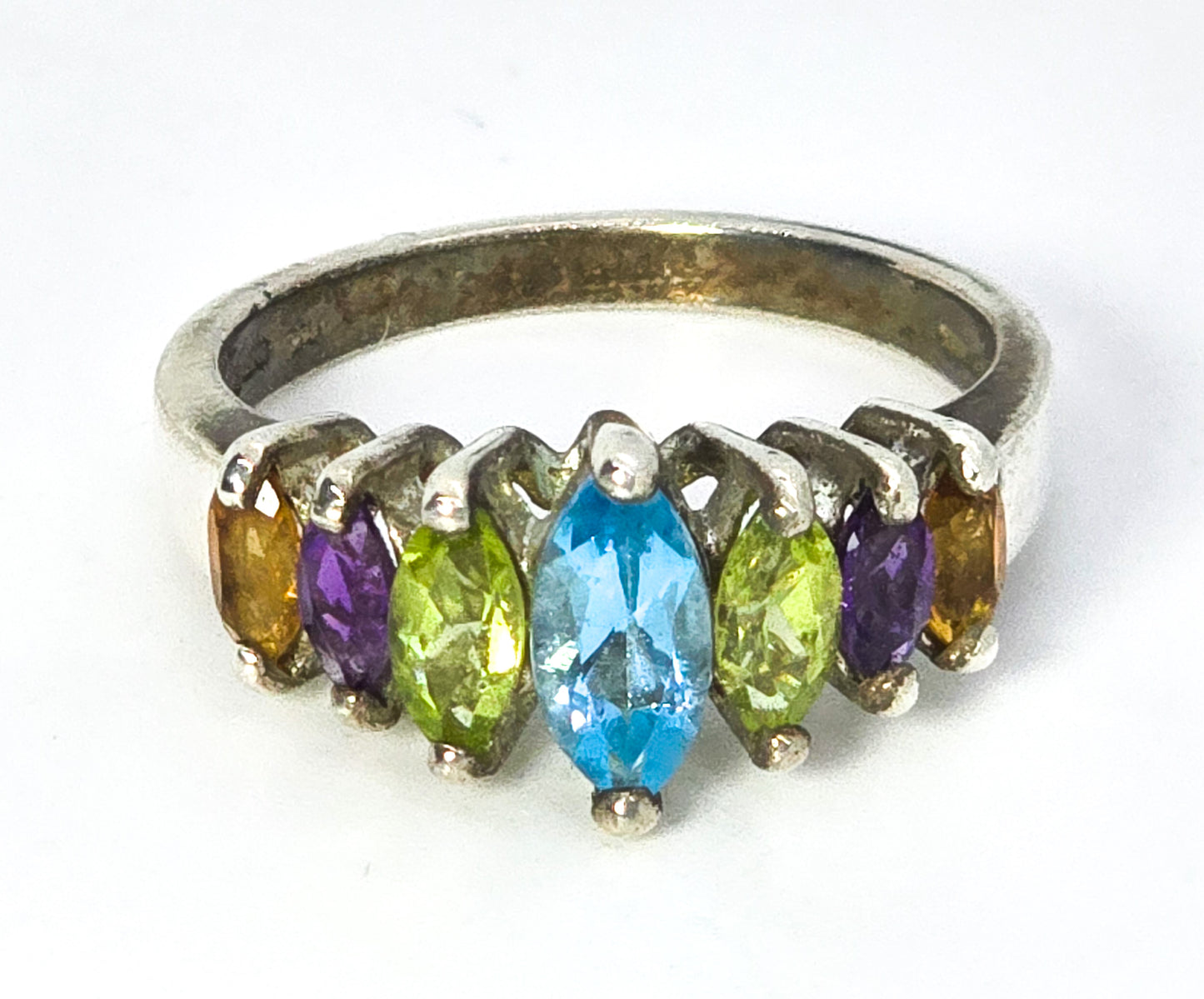 Marquis Rainbow Sterling Silver Blue Topaz Peridot Amethyst and Citrine Ring size 7