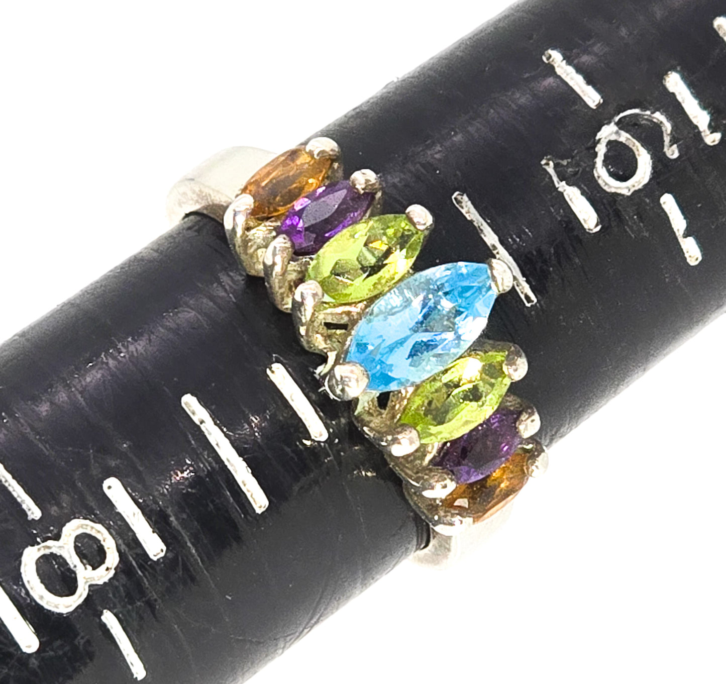 Marquis Rainbow Sterling Silver Blue Topaz Peridot Amethyst and Citrine Ring size 7