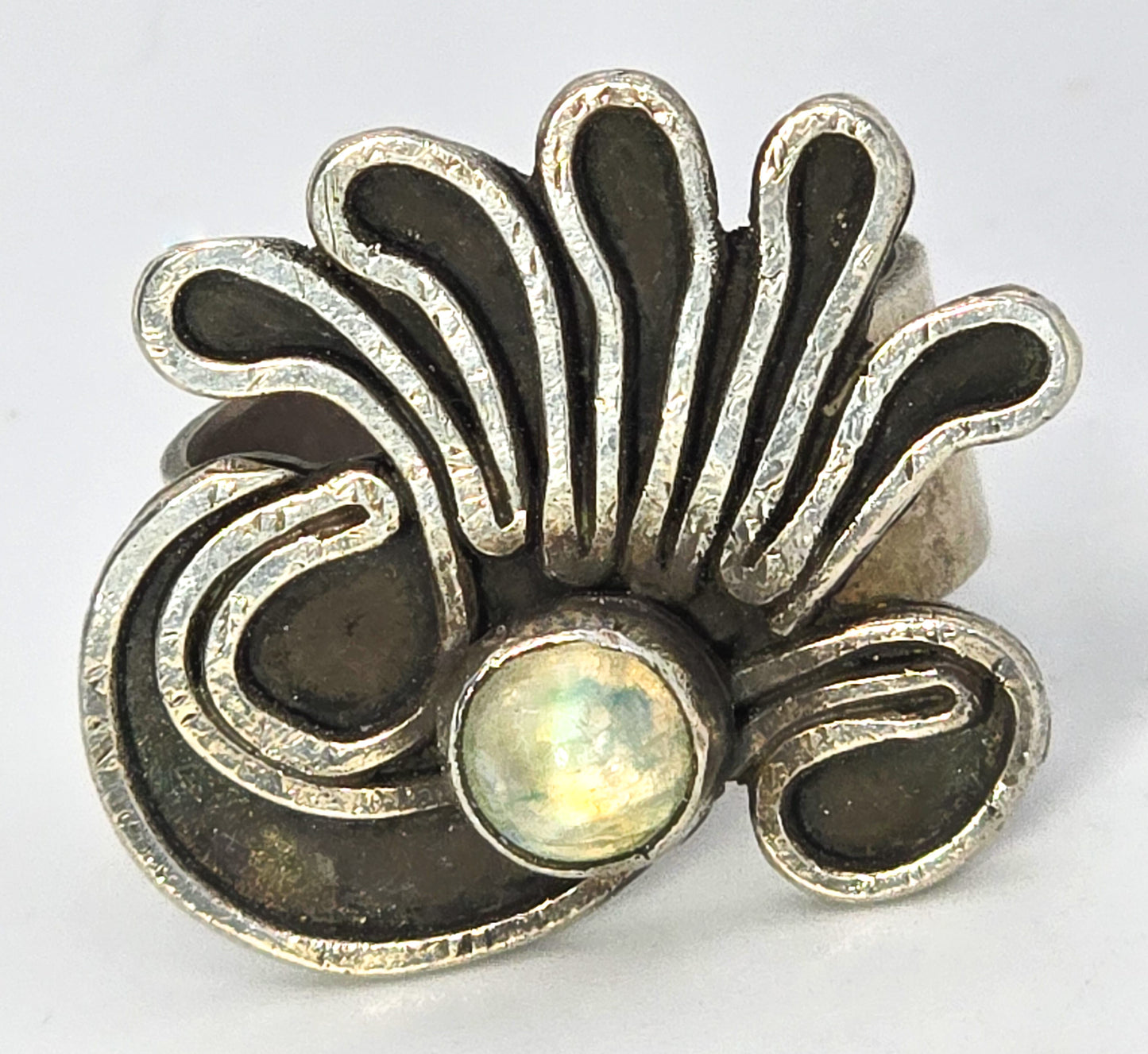 Rainbow Moonstone Large retro shadowbox tribal vintage sterling silver ring size 7