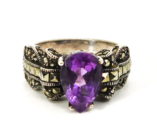 Judith Jack vintage marcasite Amethyst pear cut vintage sterling silver ring size 7.25