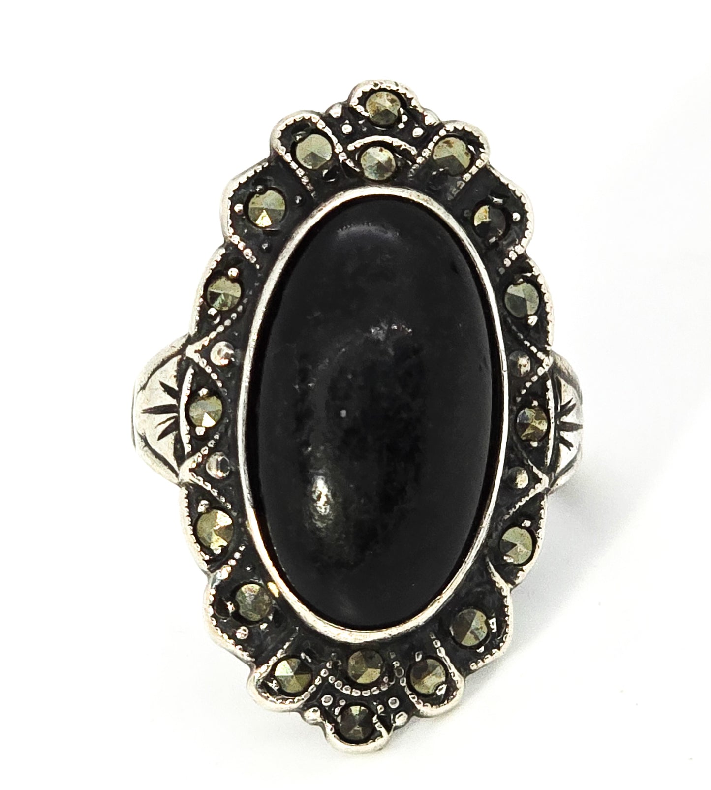 Uncas Art Deco Black onyx antique sterling silver marcasite ring size 5