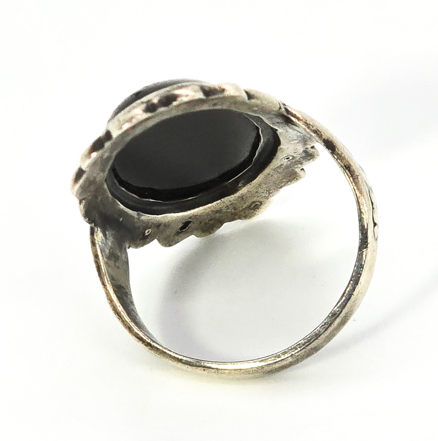 Uncas Art Deco Black onyx antique sterling silver marcasite ring size 5