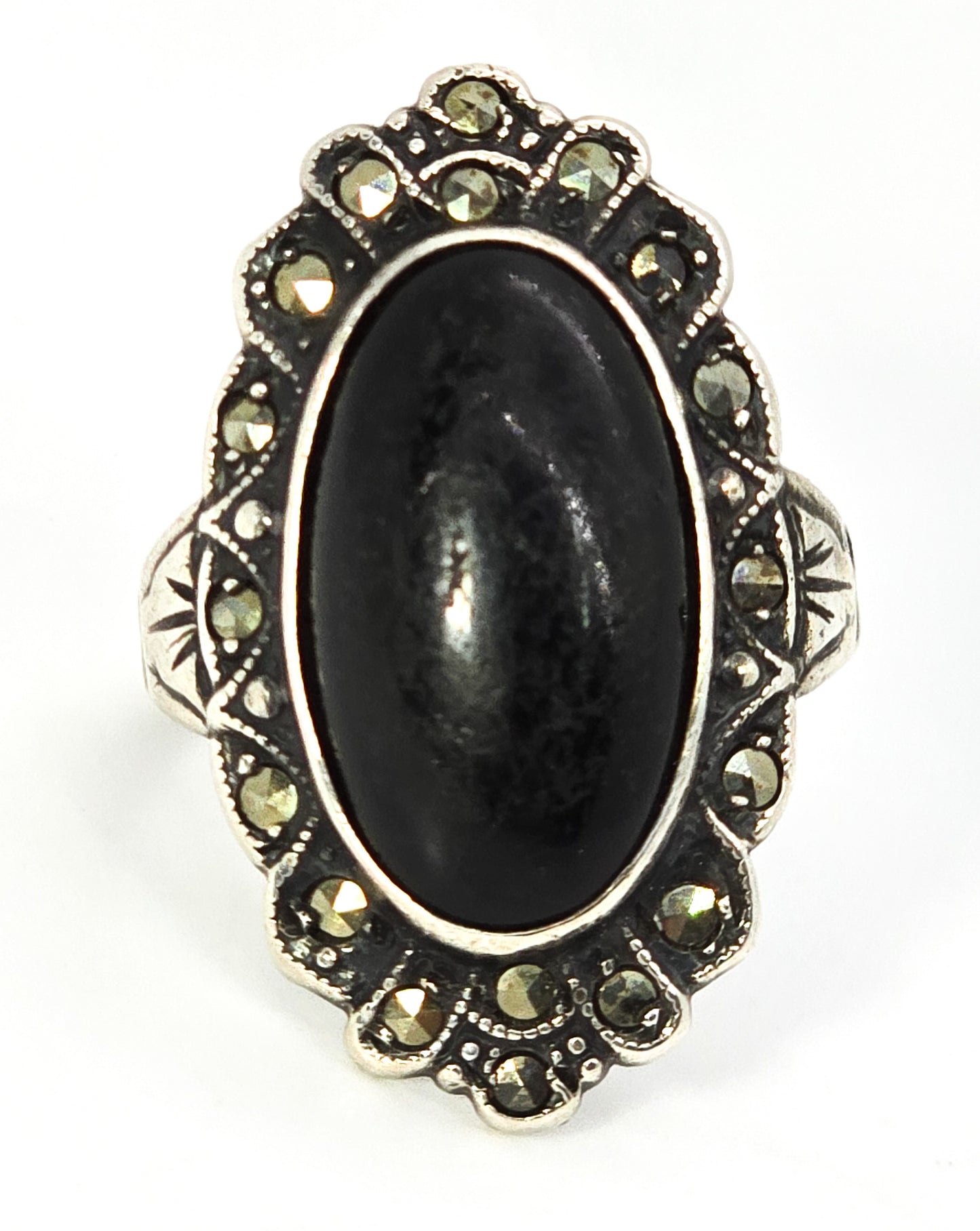 Uncas Art Deco Black onyx antique sterling silver marcasite ring size 5