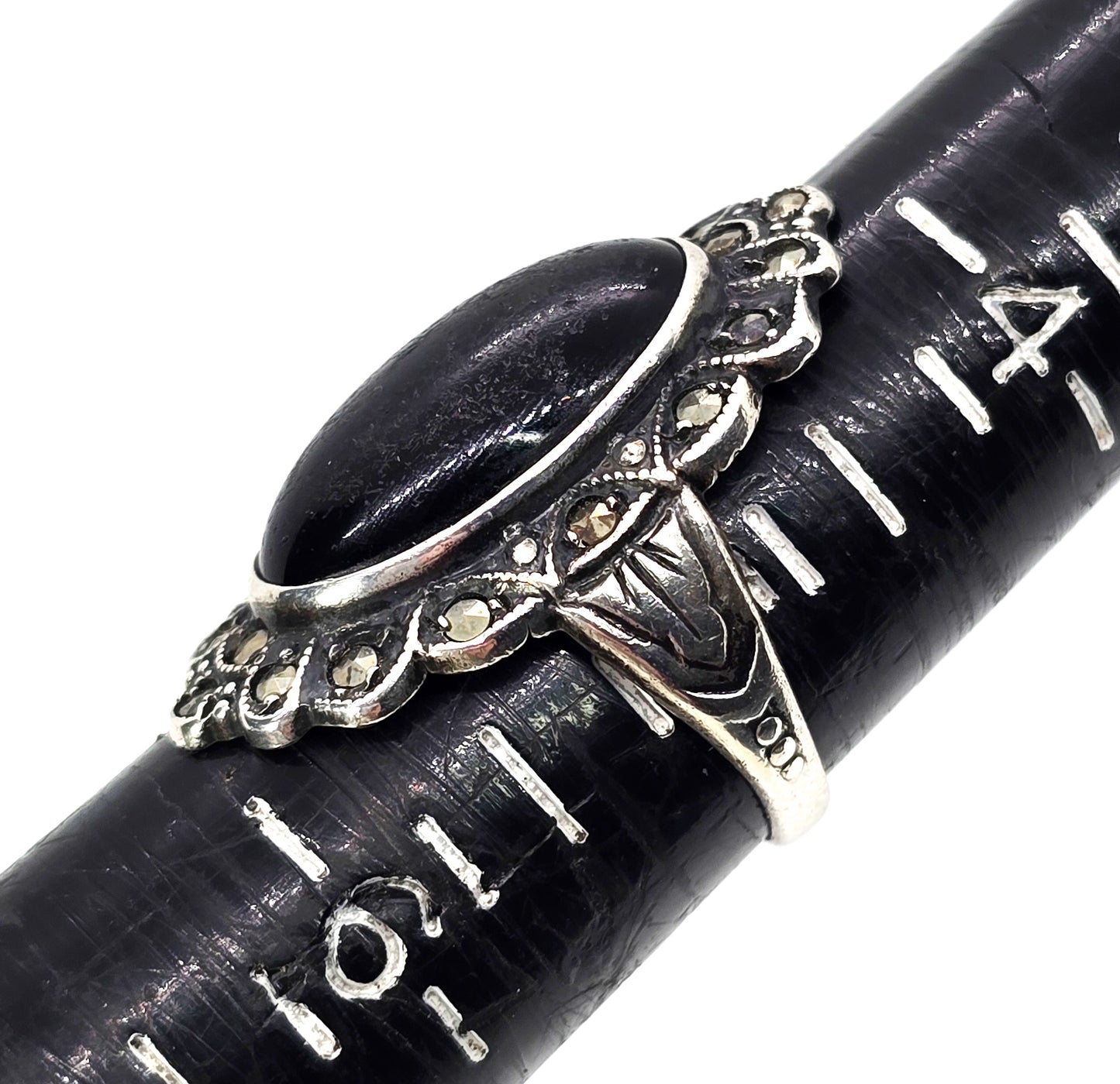 Uncas Art Deco Black onyx antique sterling silver marcasite ring size 5