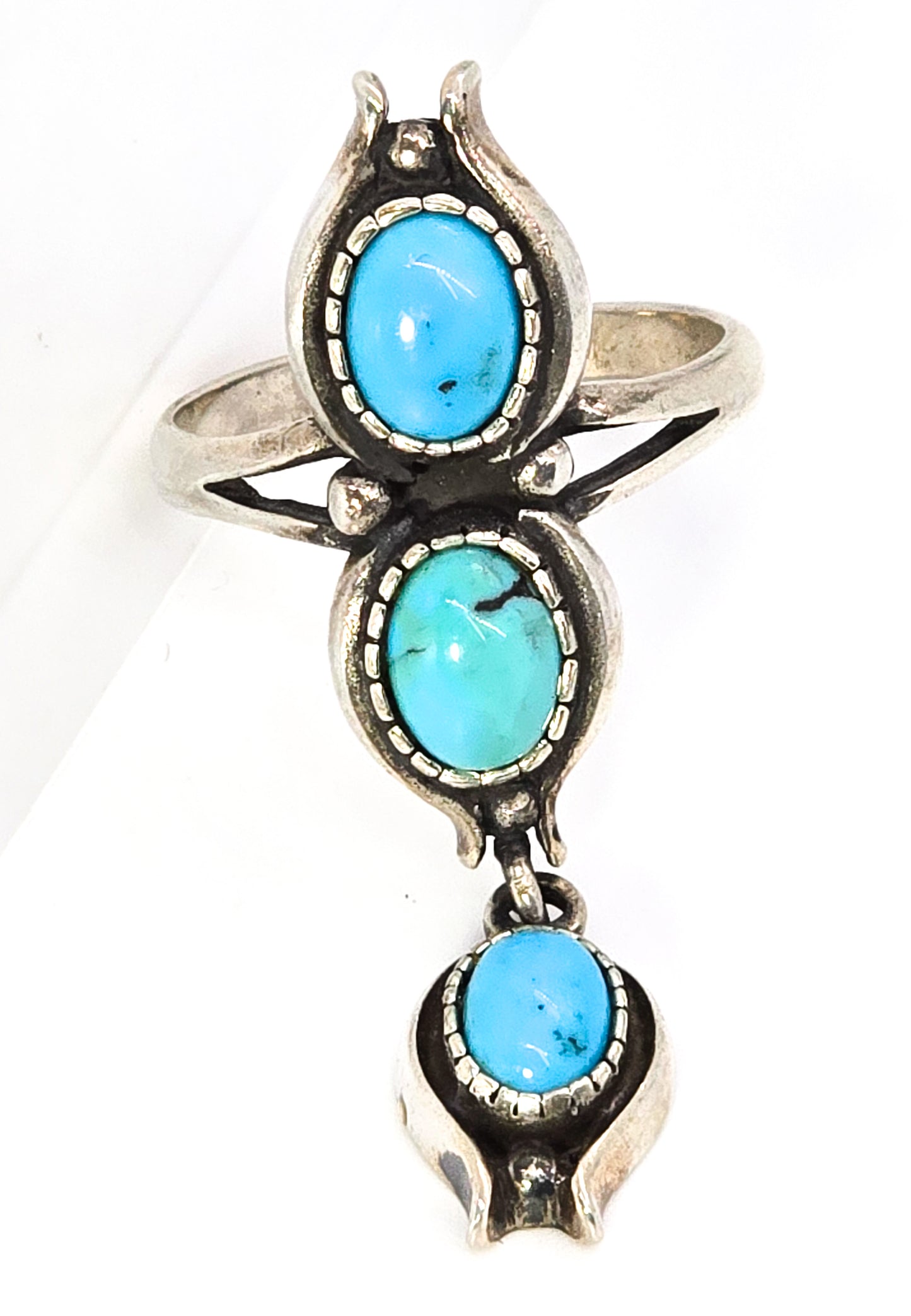 Shube Dakota West turquoise sterling silver three stone dangle charm vintage ring size 9