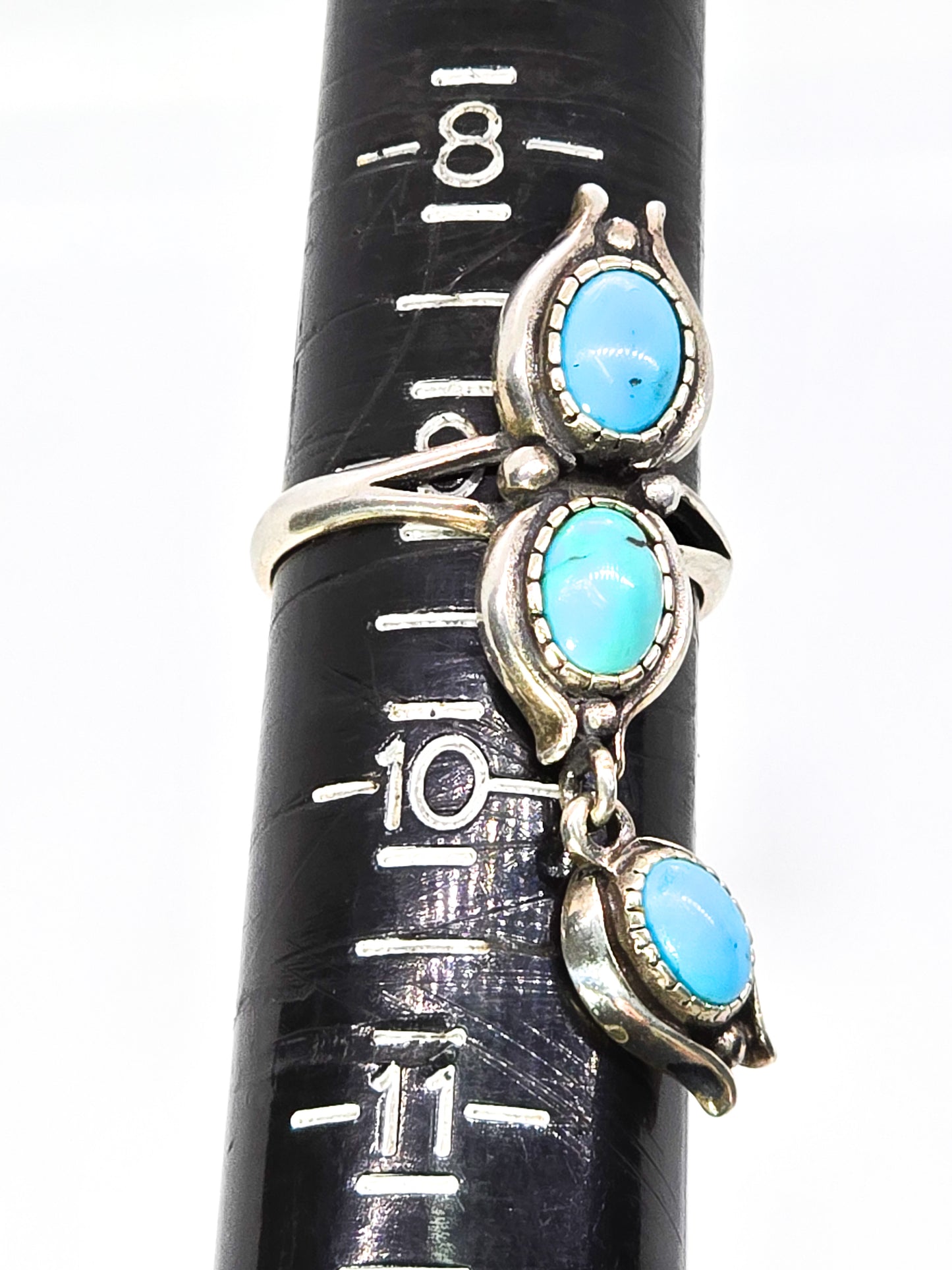 Shube Dakota West turquoise sterling silver three stone dangle charm vintage ring size 9