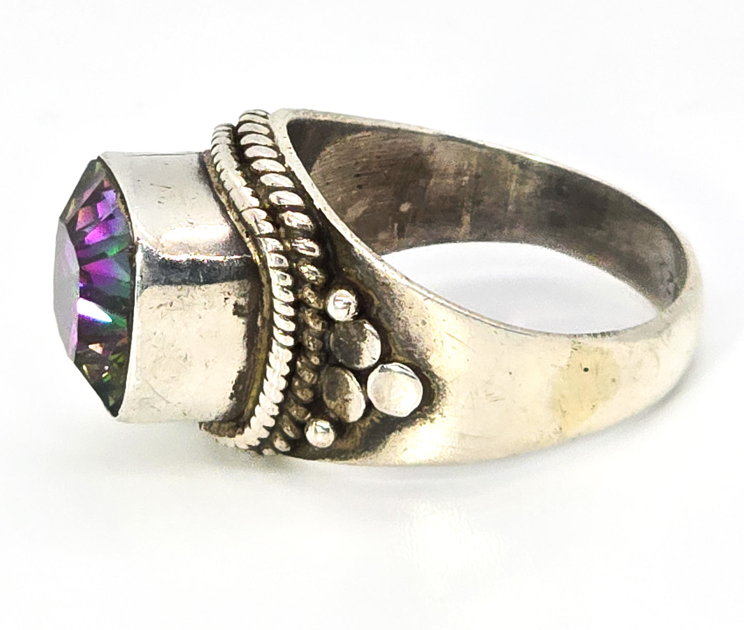 Mystic Quartz 6ct tribal Balinese style sterling silver statement ring size 8