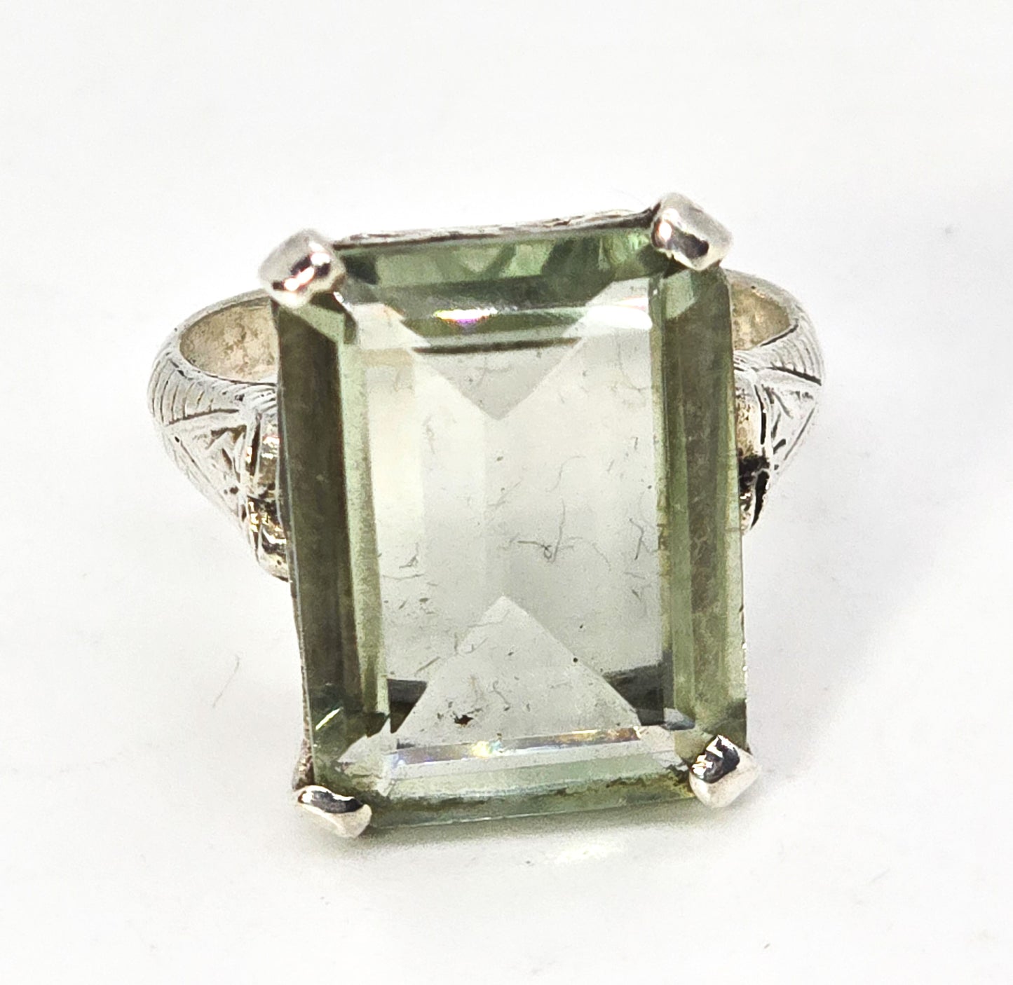 Prasiolite green amethyst 10.00ct YS India filigree sterling silver ring size 7 and 1/2