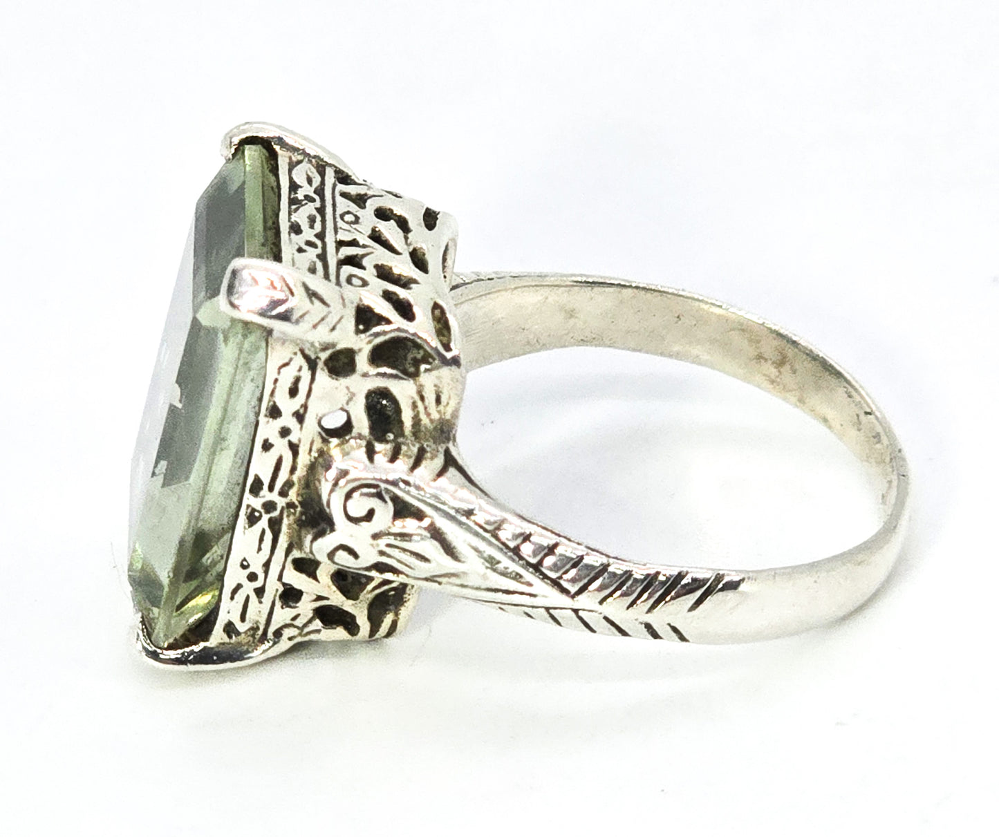 Prasiolite green amethyst 10.00ct YS India filigree sterling silver ring size 7 and 1/2