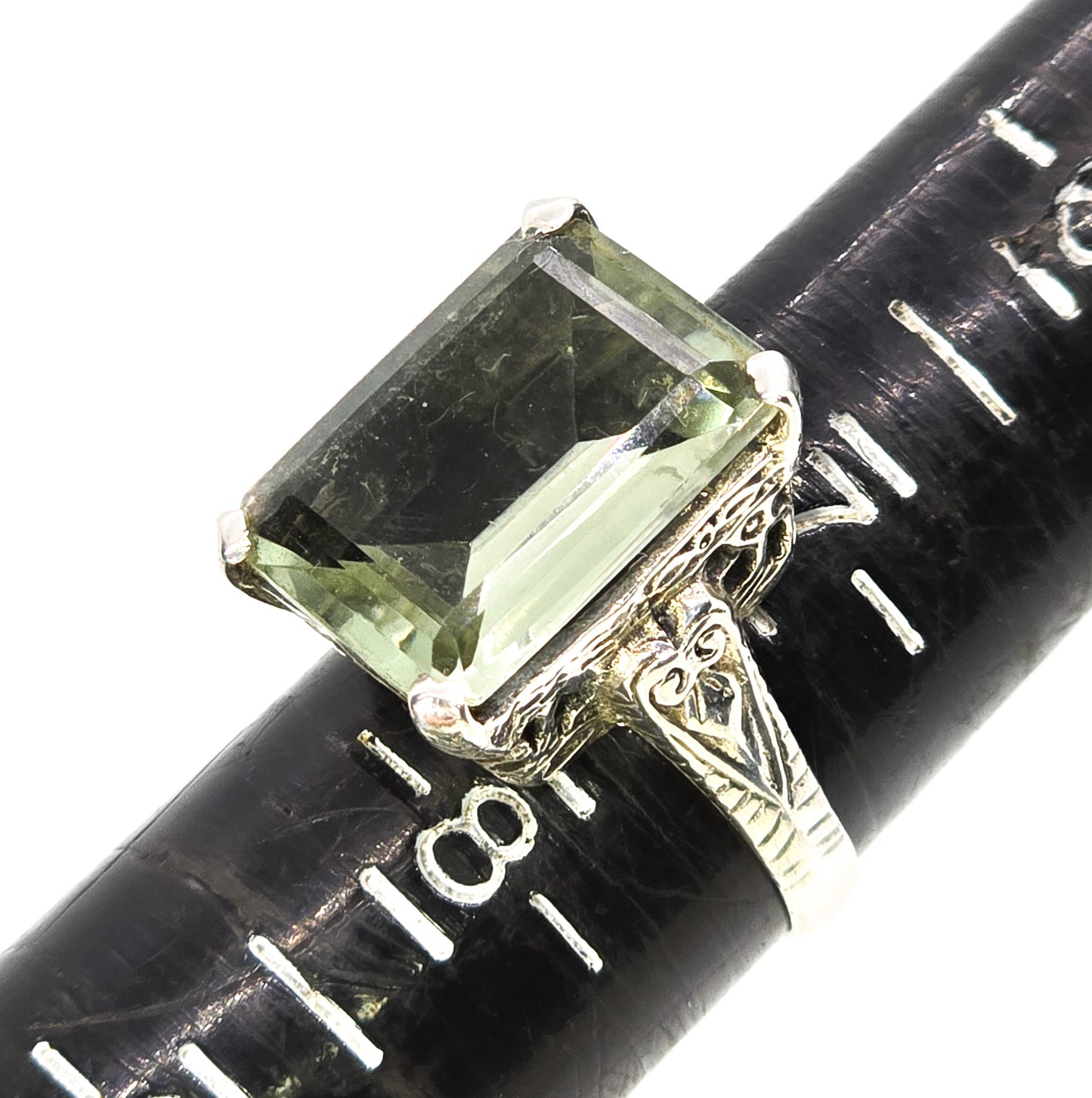 Prasiolite green amethyst 10.00ct YS India filigree sterling silver ring size 7 and 1/2