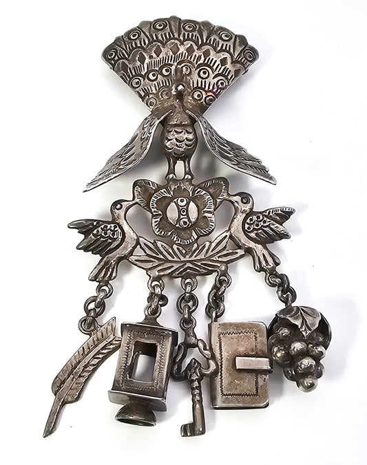 Peruvian Peacock and Charms Tupu (Shawl Pin) Sterling Silver large vintage brooch