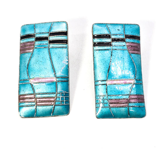 Shashi Singapuri Laurel Inc Turquoise Mondrian vintage sterling silver enamel earrings