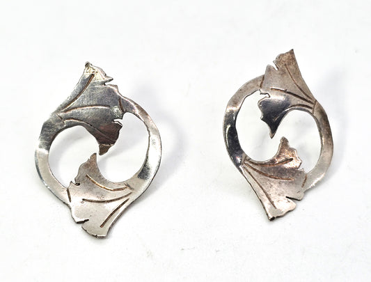 Double lily flower Art Nouveau vintage sterling silver stud earrings