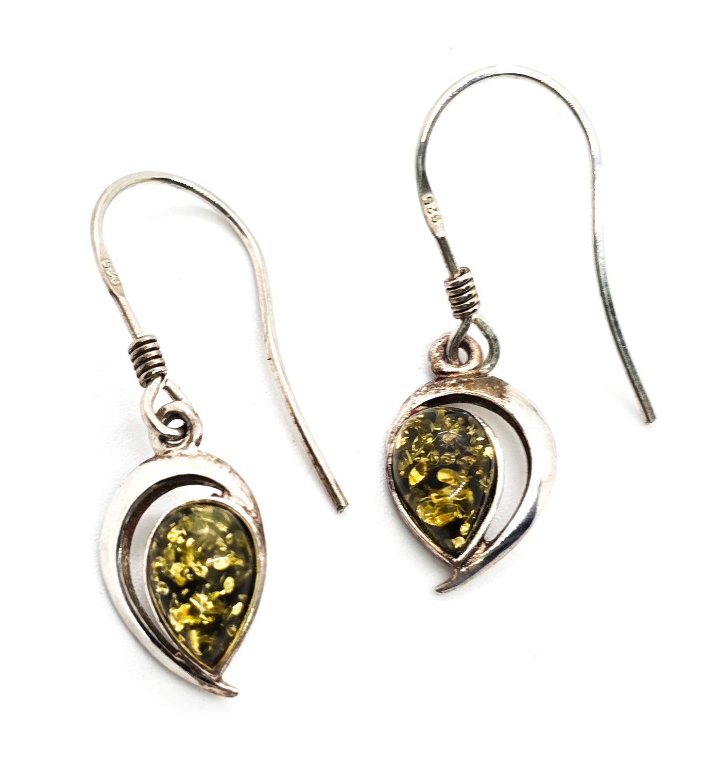 Green compressed amber open work pear cut sterling silver drop earrings