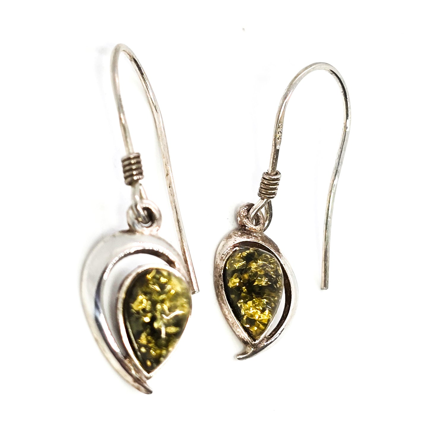 Green compressed amber open work pear cut sterling silver drop earrings