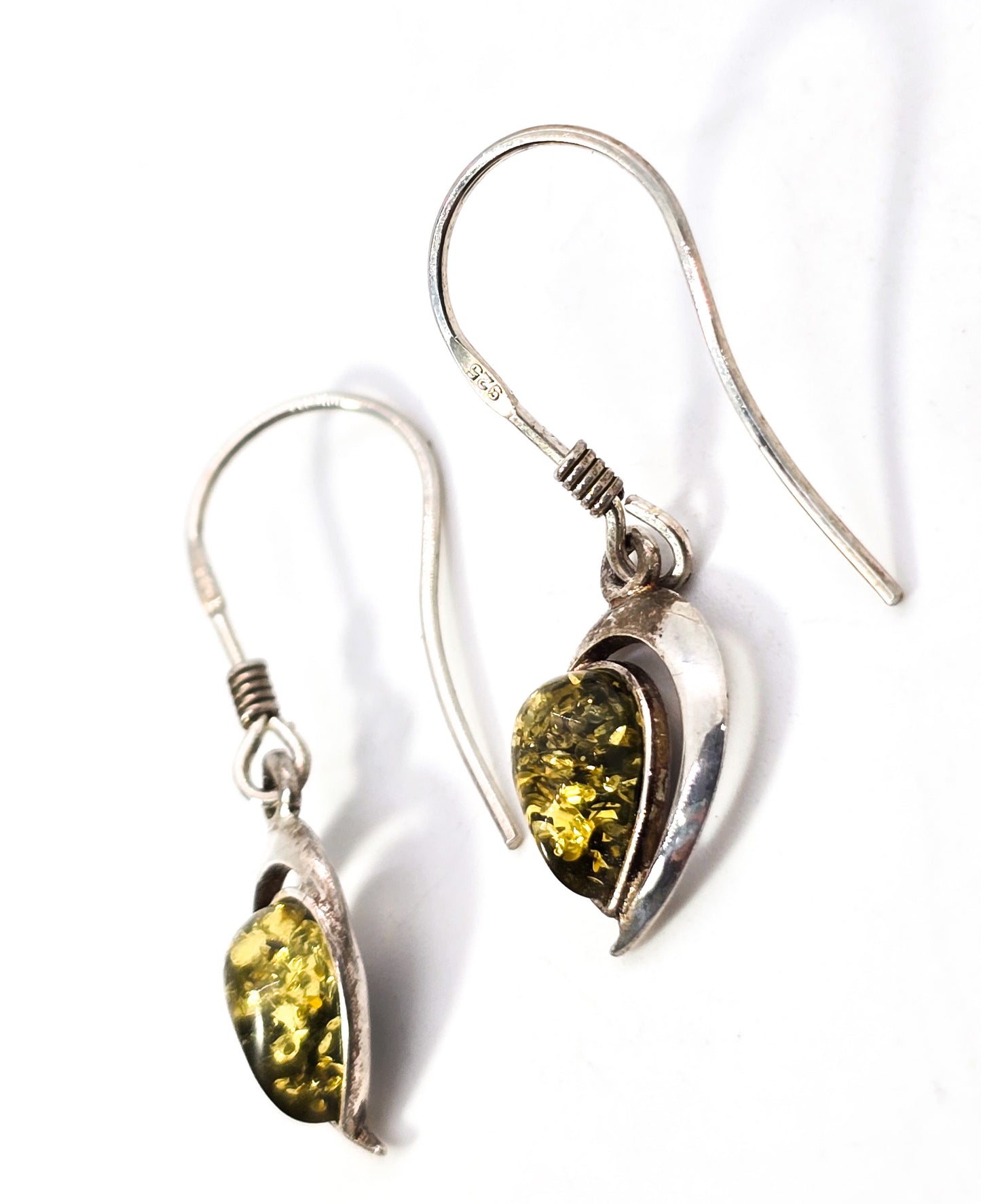 Green compressed amber open work pear cut sterling silver drop earrings