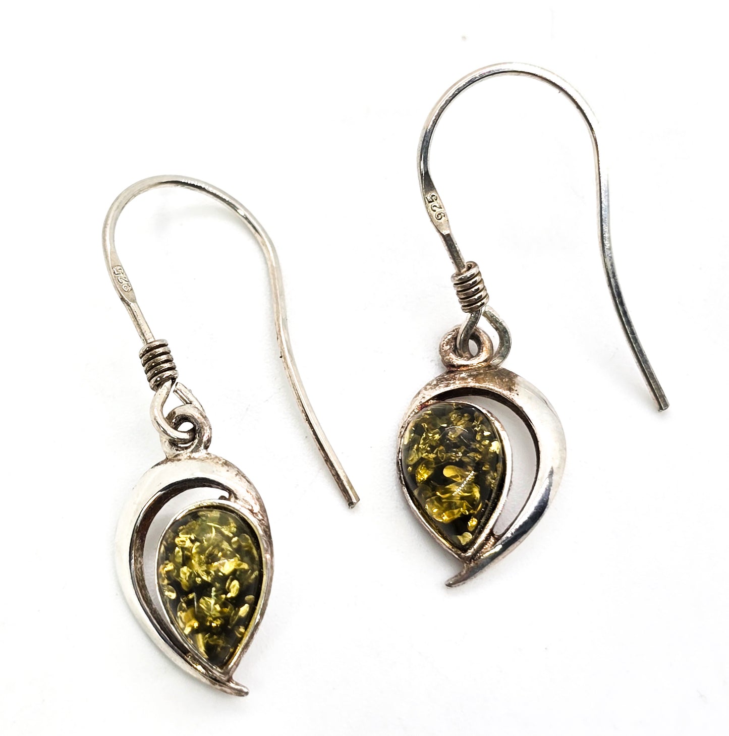 Green compressed amber open work pear cut sterling silver drop earrings