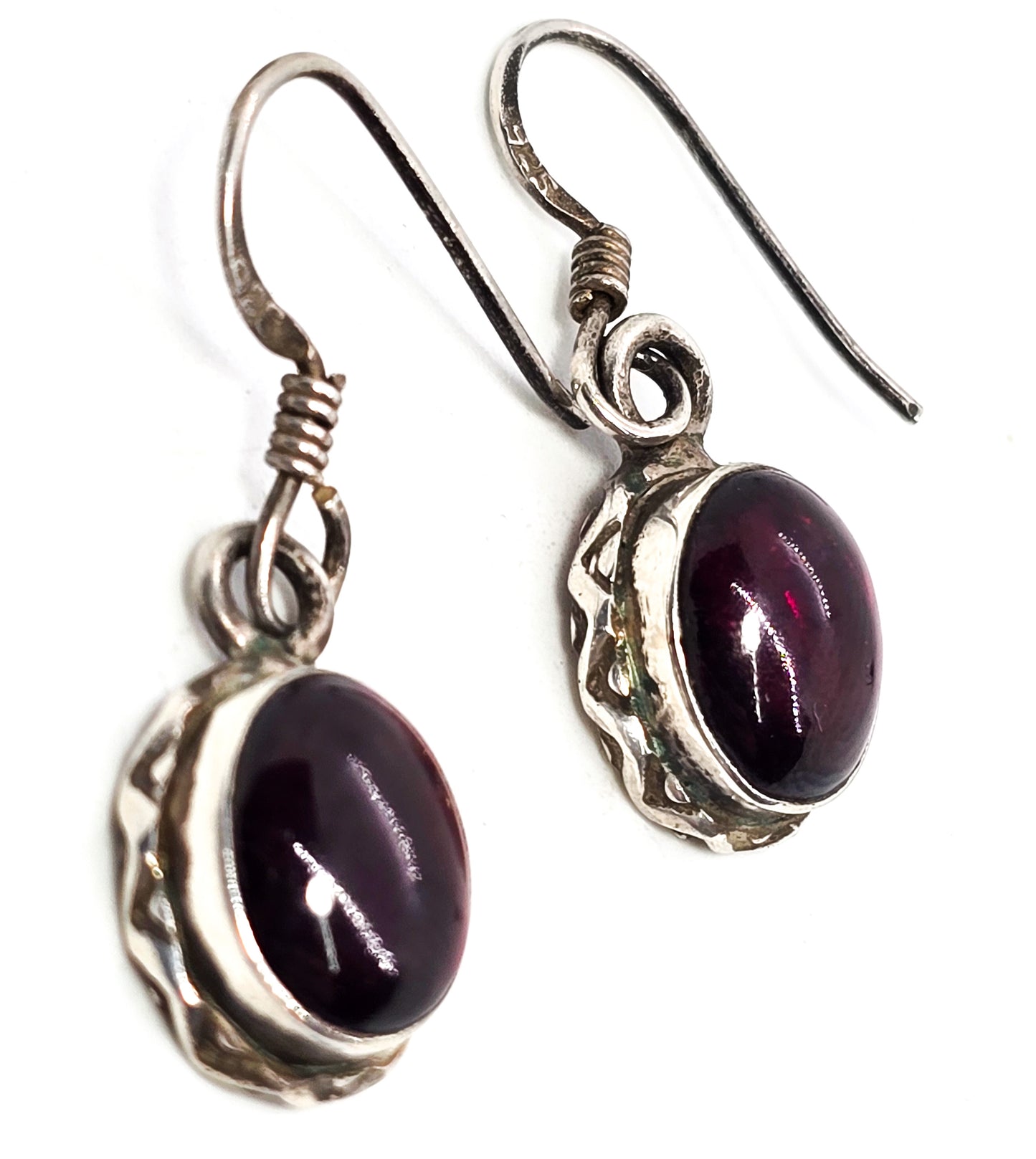 Deep red garnet gemstone cabs open work sterling silver drop gemstone earrings