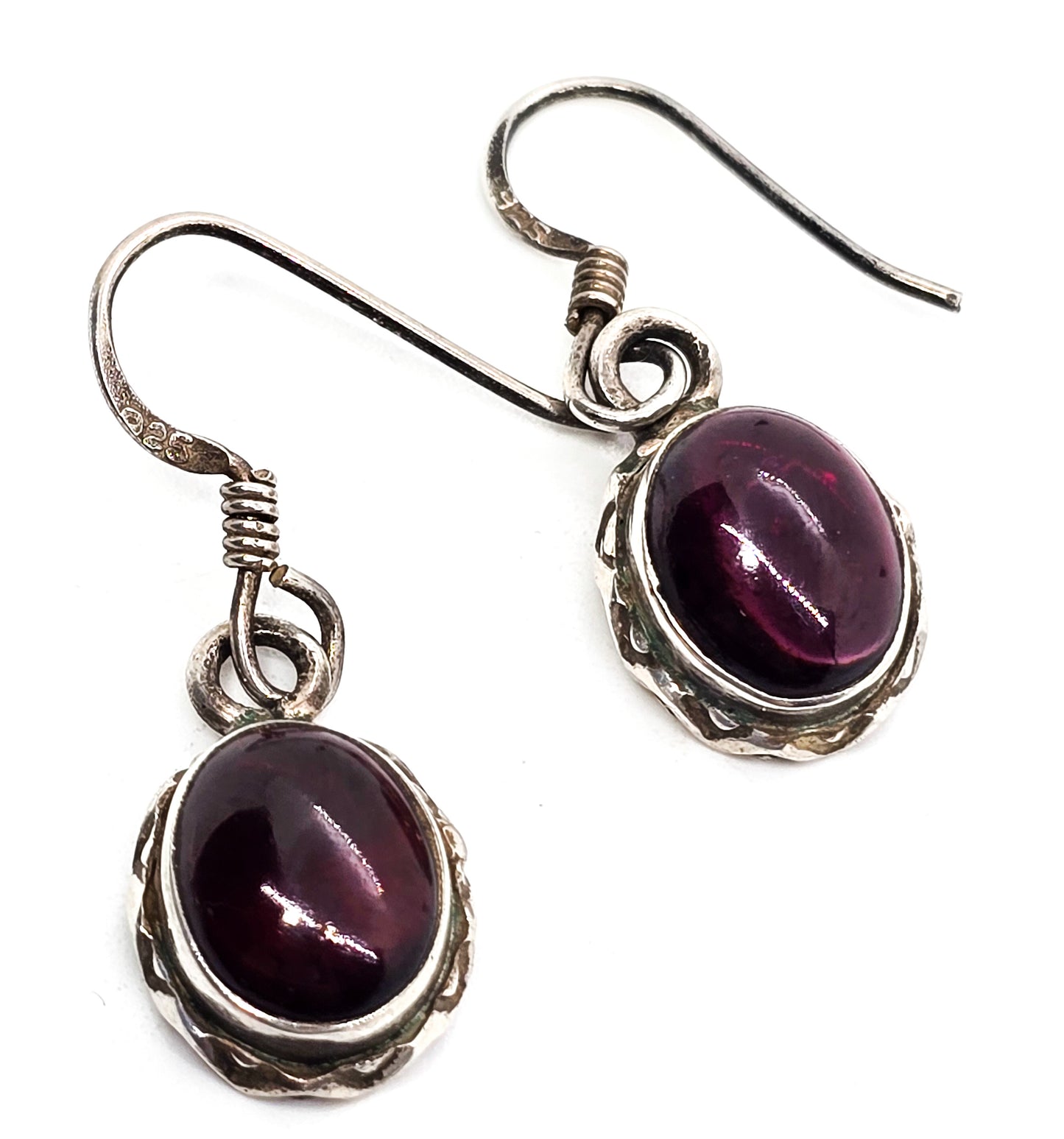 Deep red garnet gemstone cabs open work sterling silver drop gemstone earrings