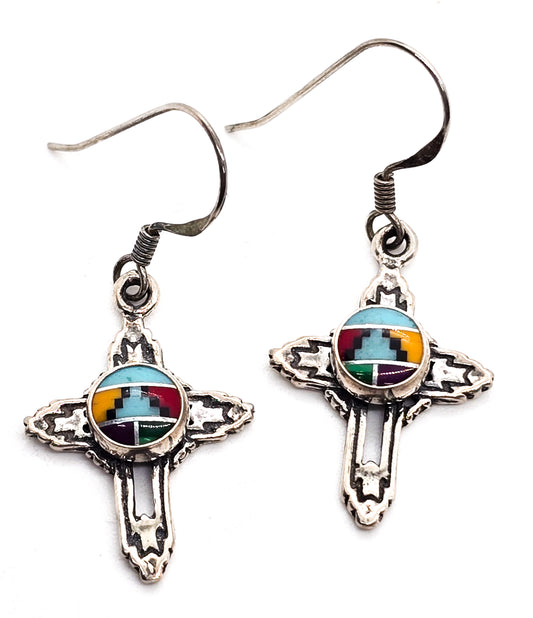 Gemstone inlay open work Southwestern sterling silver cross drop earrings