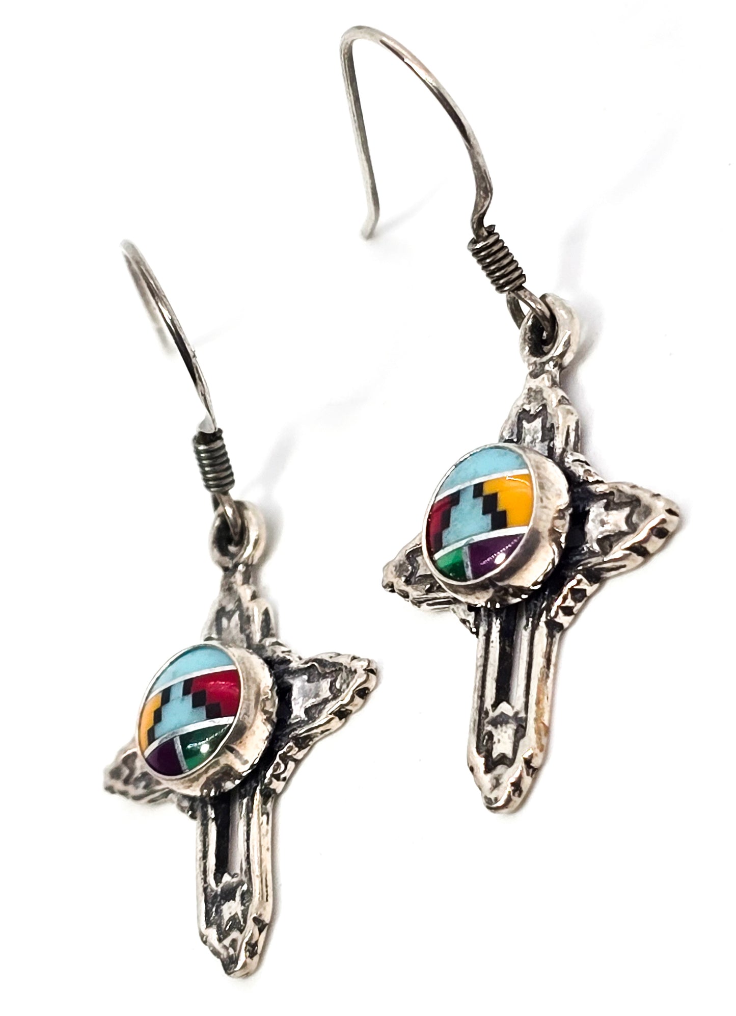 Gemstone inlay open work Southwestern sterling silver cross drop earrings