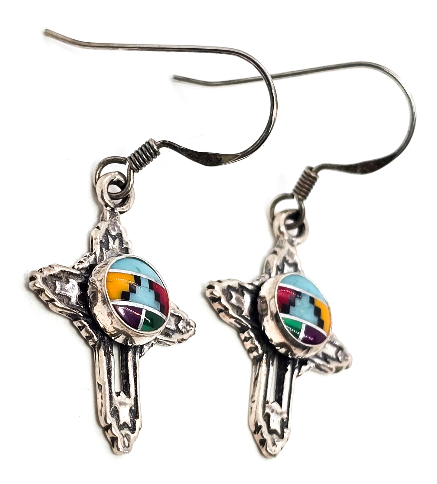 Gemstone inlay open work Southwestern sterling silver cross drop earrings