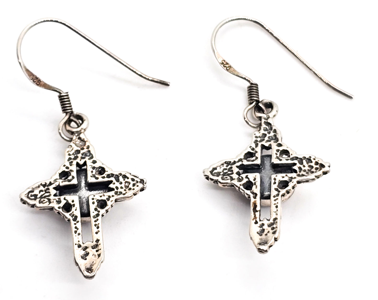 Gemstone inlay open work Southwestern sterling silver cross drop earrings