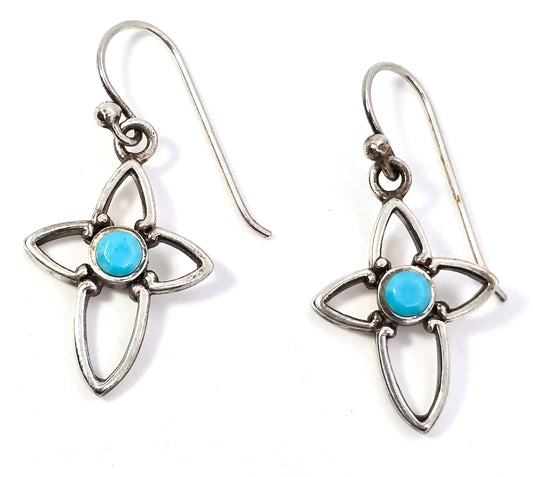 Cross open line work block turquoise sterling silver drop earrings