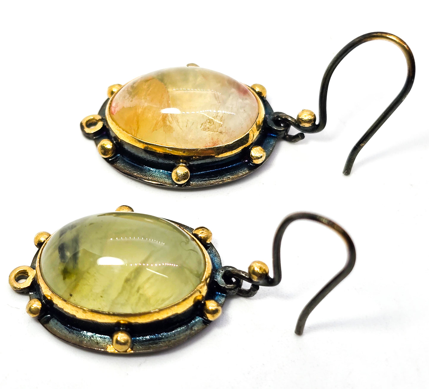 Prehnite gemstone oxidized sterling silver drop earrings