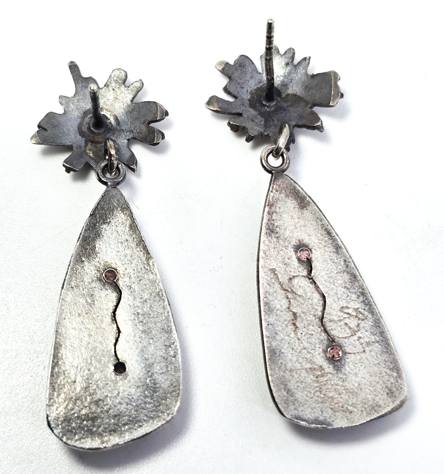 Dalmatian Druzy sterling silver artisan handcrafted vintage drop earrings signed