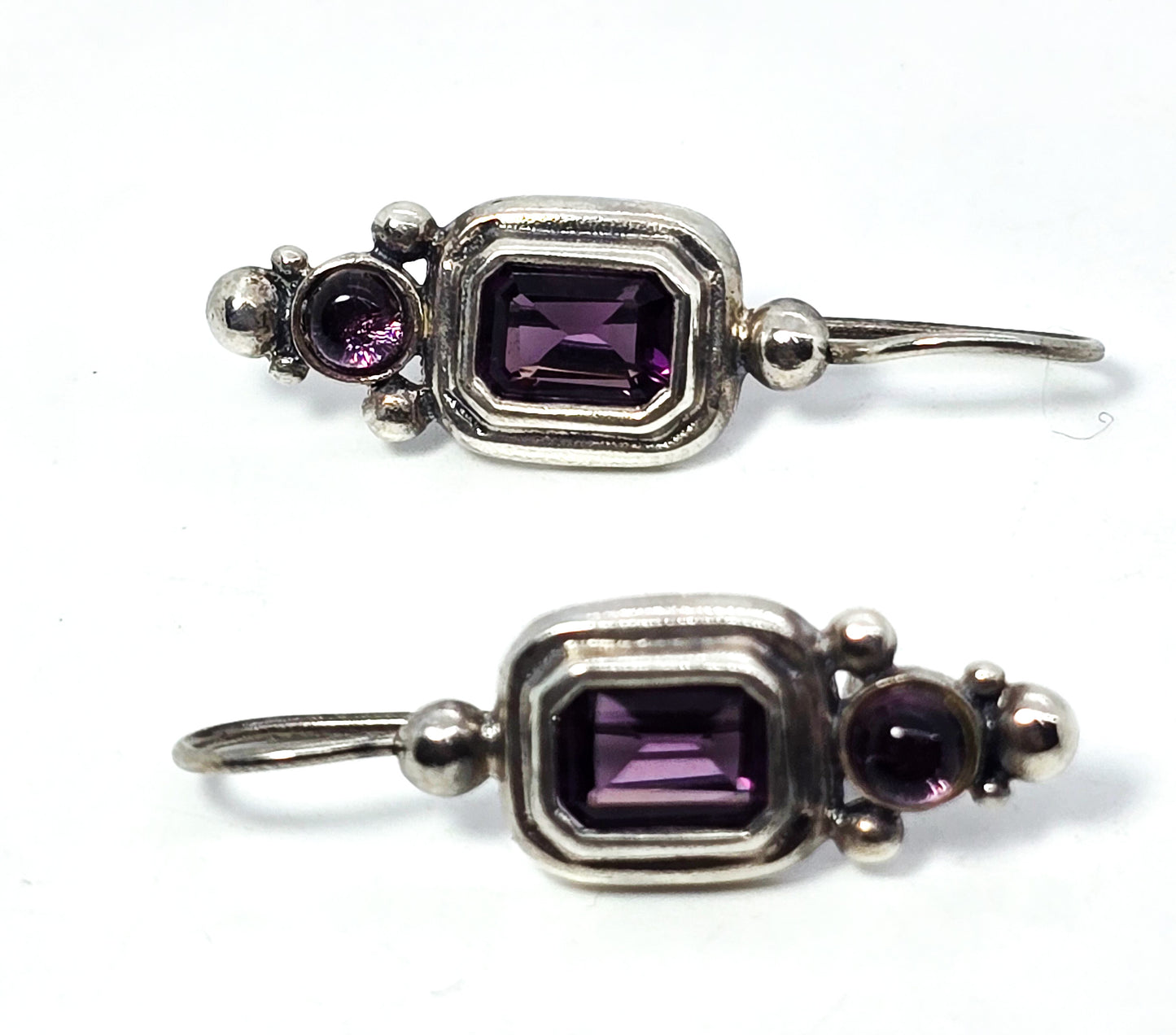 Synthetic Amethyst large Balinese style sterling silver signed K earrings