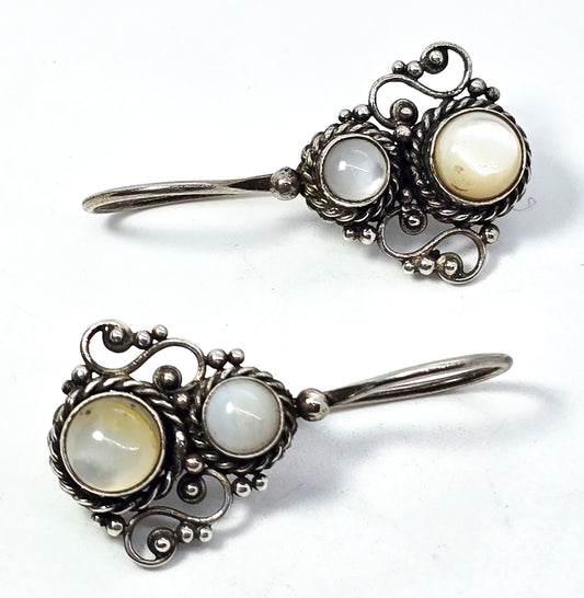 Mother of Pearl Cat's Eye Quartz Balinese sterling silver vintage earrings