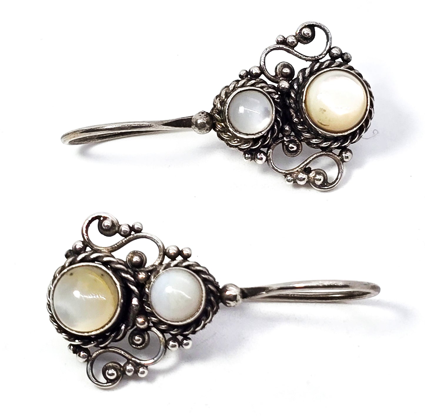 Mother of Pearl Cat's Eye Quartz Balinese sterling silver vintage earrings