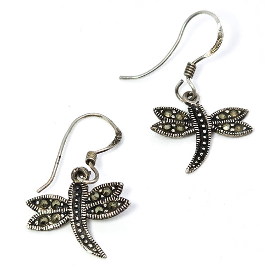 Dragonfly marcasite vintage sterling silver drop earrings Marcella MC