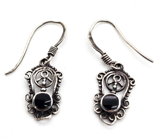Retro hippy Peace sign filigree vintage sterling silver black onyx drop earrings